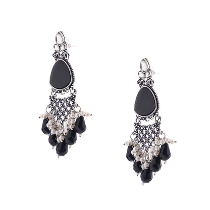 Clustertrend Silver Oxidised Black Pearl Earrings For Women