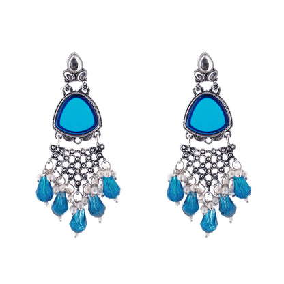 Silver Oxidised Crystal Blue Pearl Earrings For Women