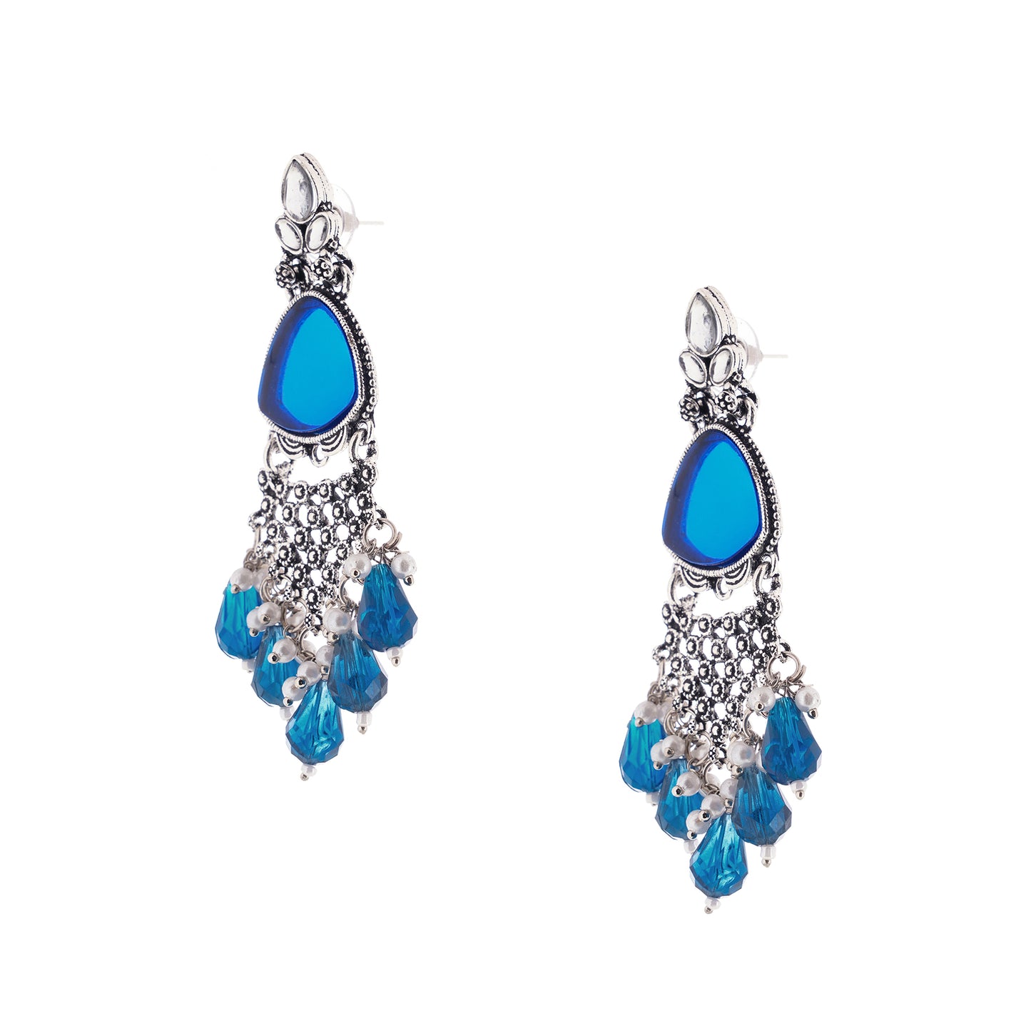 Silver Oxidised Crystal Blue Pearl Earrings For Women