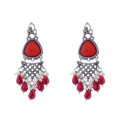 Oxidised Silver Crystal Red Stone Pearl Earrings