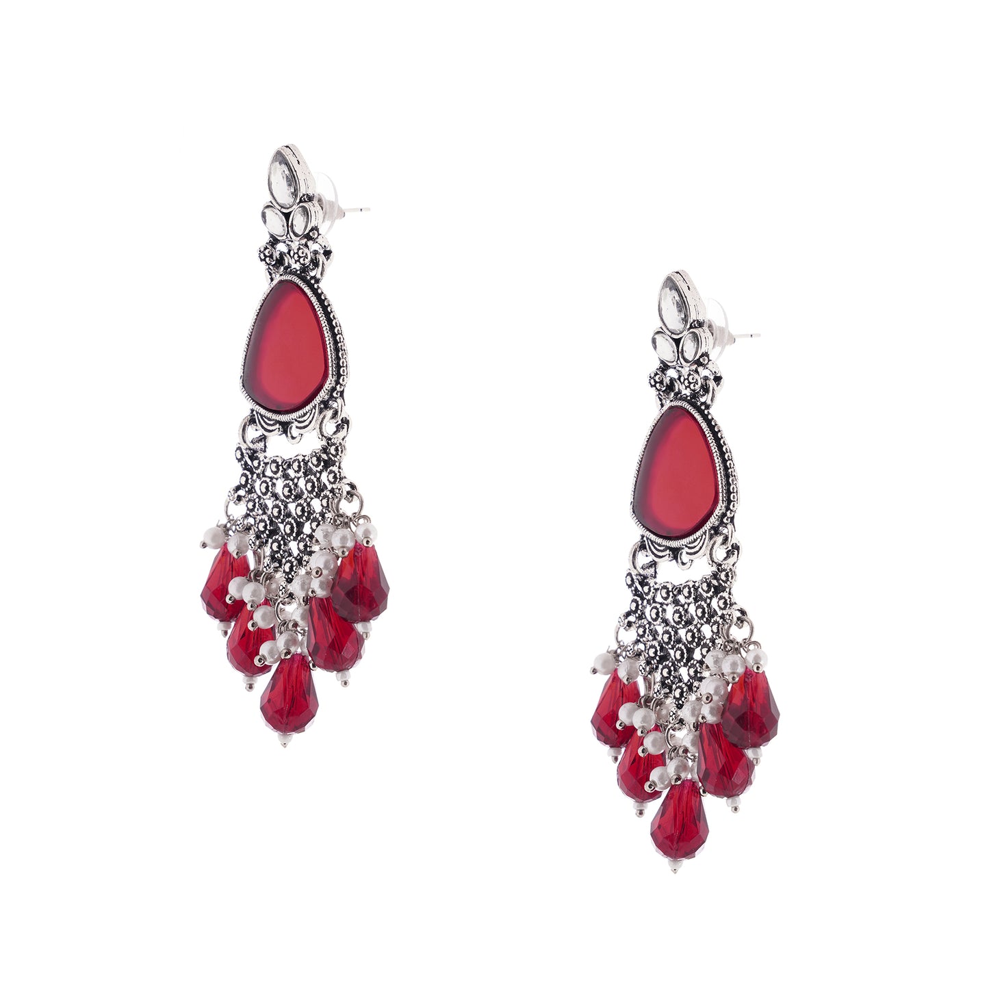 Oxidised Silver Crystal Red Stone Pearl Earrings