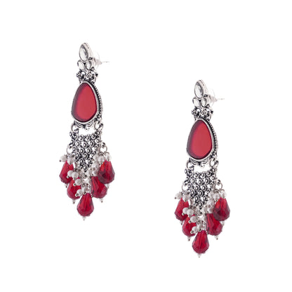 Oxidised Silver Crystal Red Stone Pearl Earrings