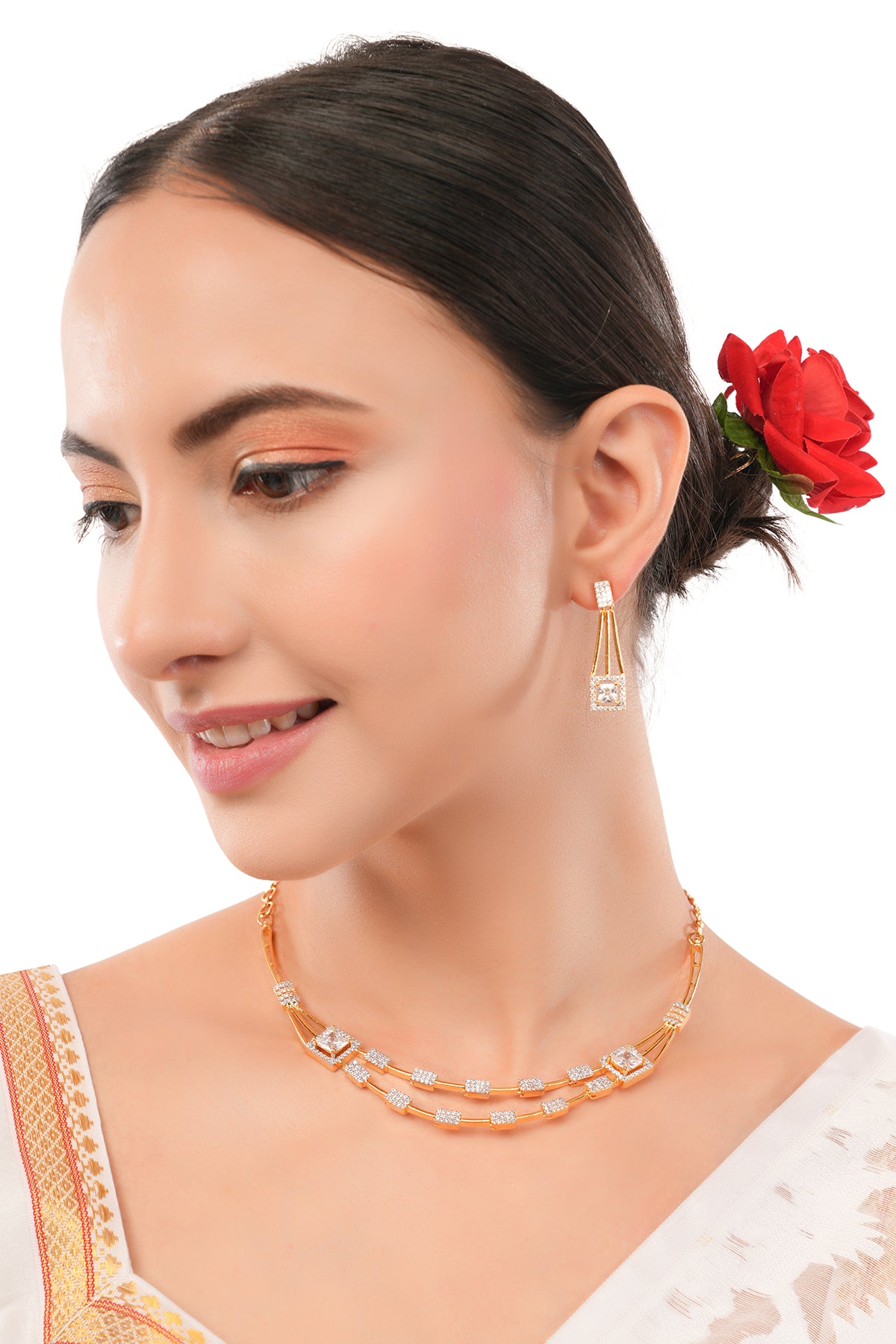 Gold Plated Cubic Zirconia Layerd Necklace With Drop Earrings