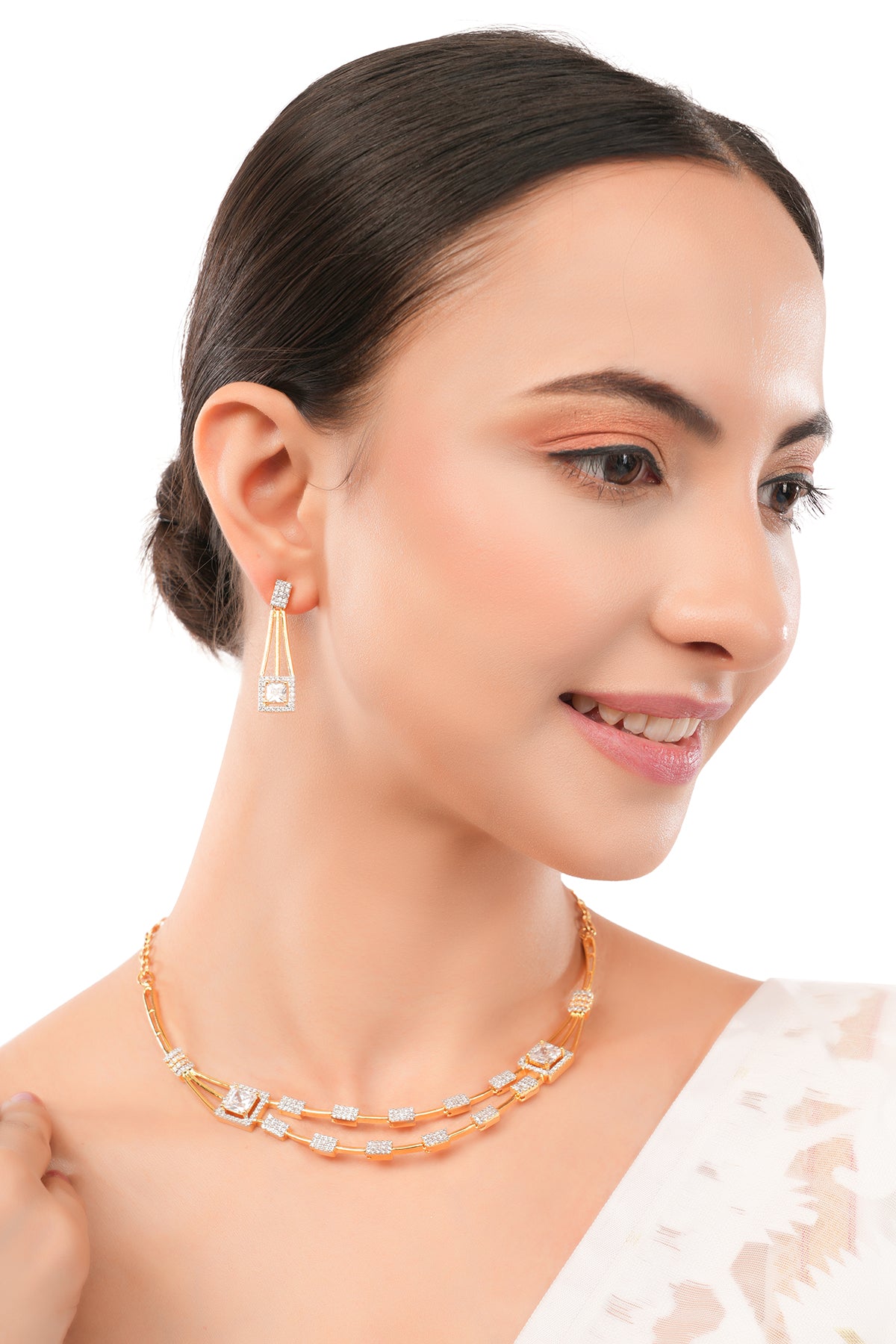 Gold Plated Cubic Zirconia Layerd Necklace With Drop Earrings