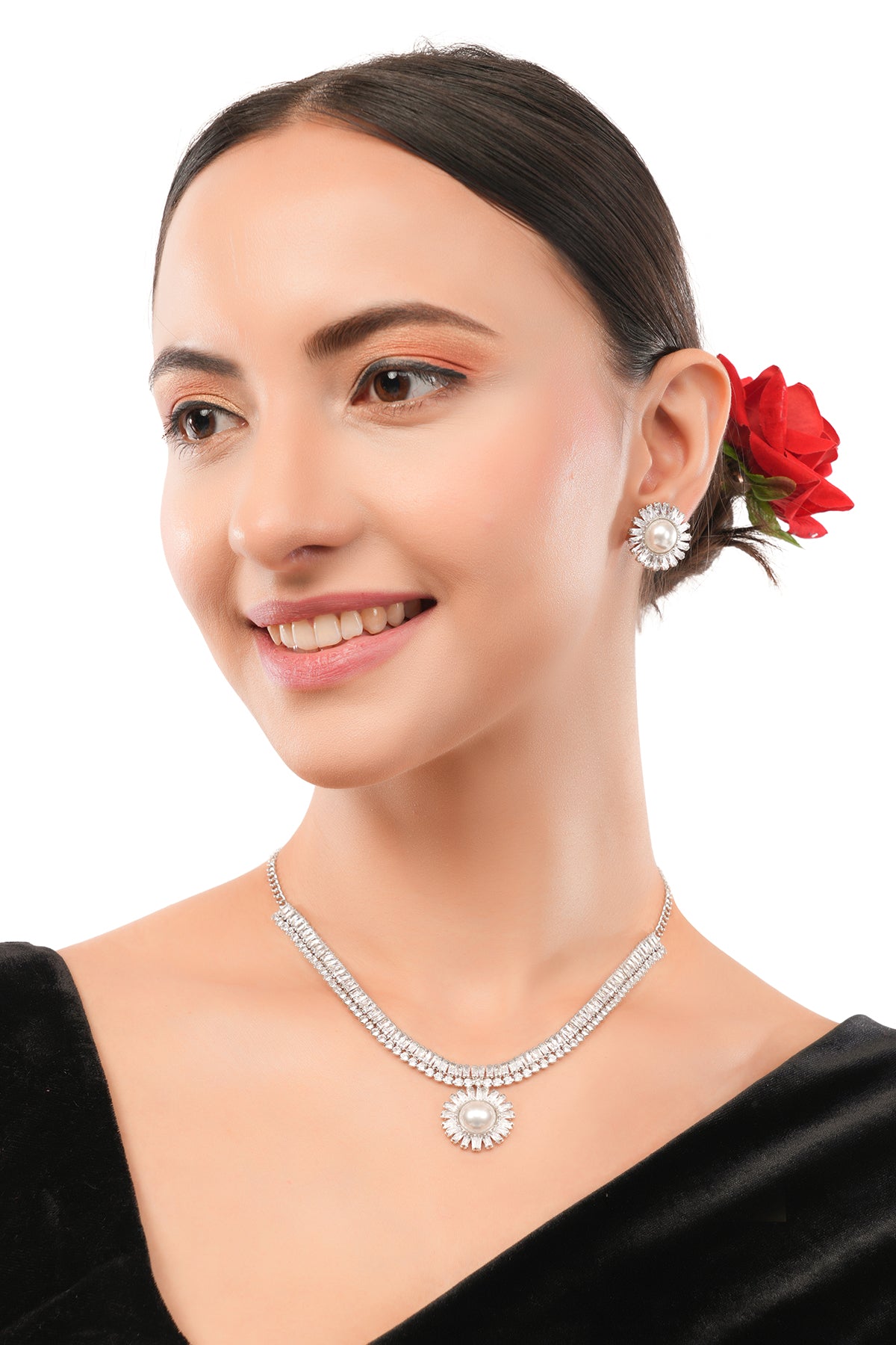Clustertrend Silver Diamond Round Pendant Chain Necklace With Stud Earrings
