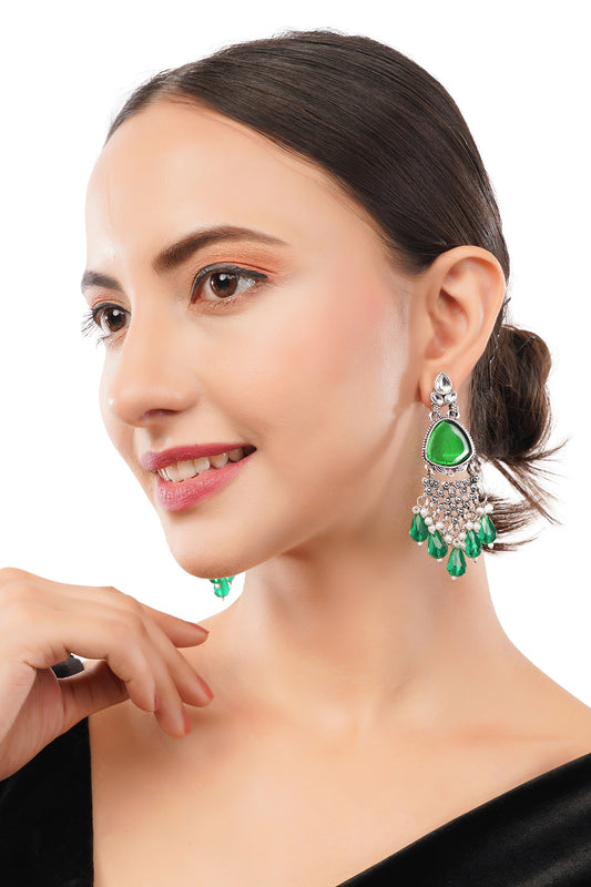 Clustertrend Silver Oxidised Crysal Green Pearl Earrings For Women