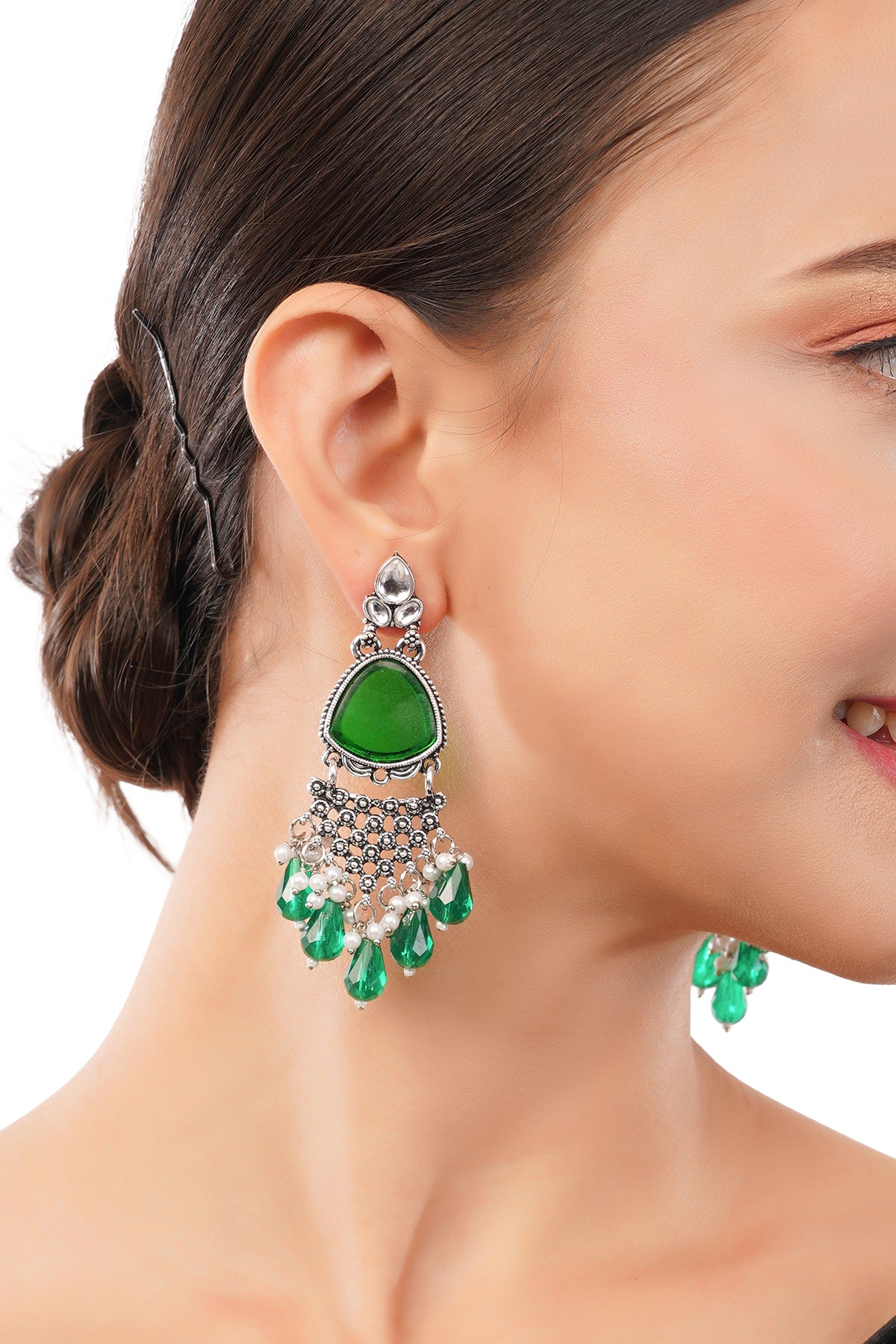 Clustertrend Silver Oxidised Crysal Green Pearl Earrings For Women