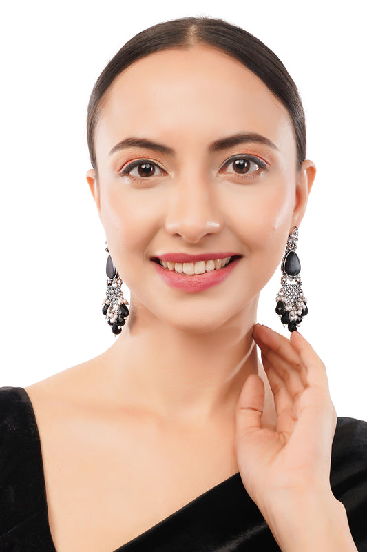 Clustertrend Silver Oxidised Black Pearl Earrings For Women
