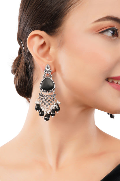 Clustertrend Silver Oxidised Black Pearl Earrings For Women