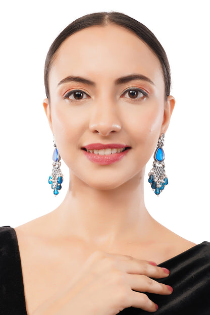 Silver Oxidised Crystal Blue Pearl Earrings For Women