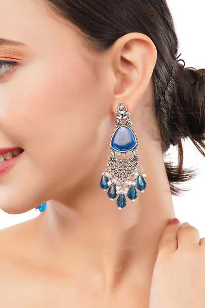 Silver Oxidised Crystal Blue Pearl Earrings For Women