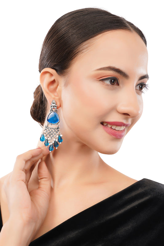 Silver Oxidised Crystal Blue Pearl Earrings For Women