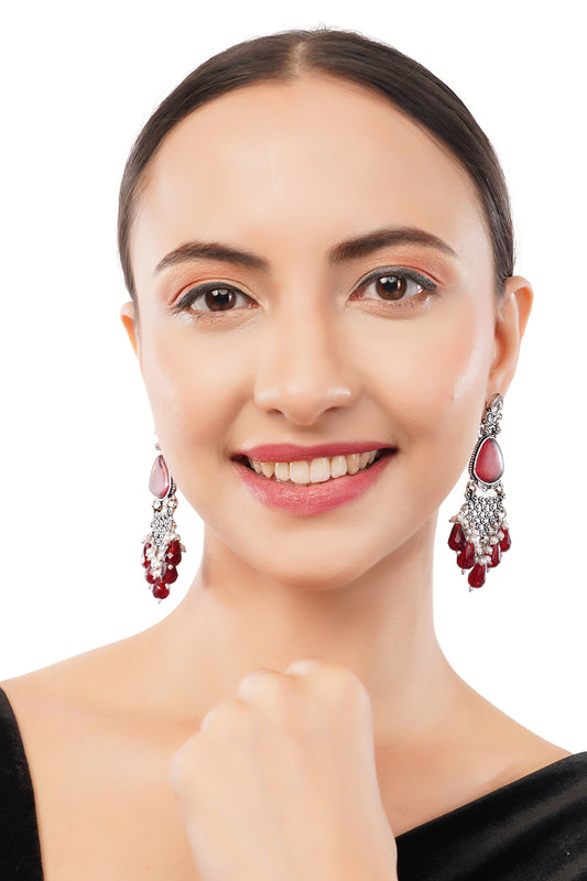 Oxidised Silver Crystal Red Stone Pearl Earrings