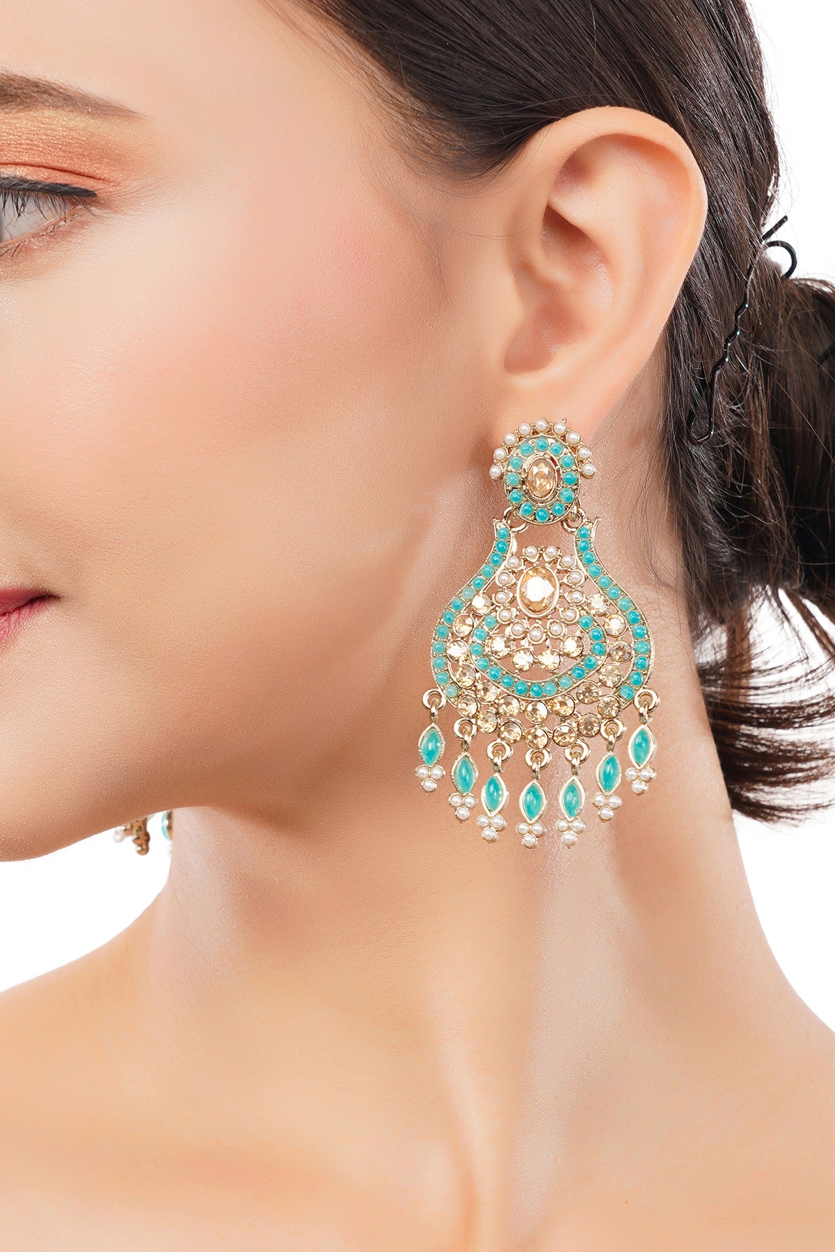 Elegant Gold turquoise Blue Stone Pearl Earrings For Wedding