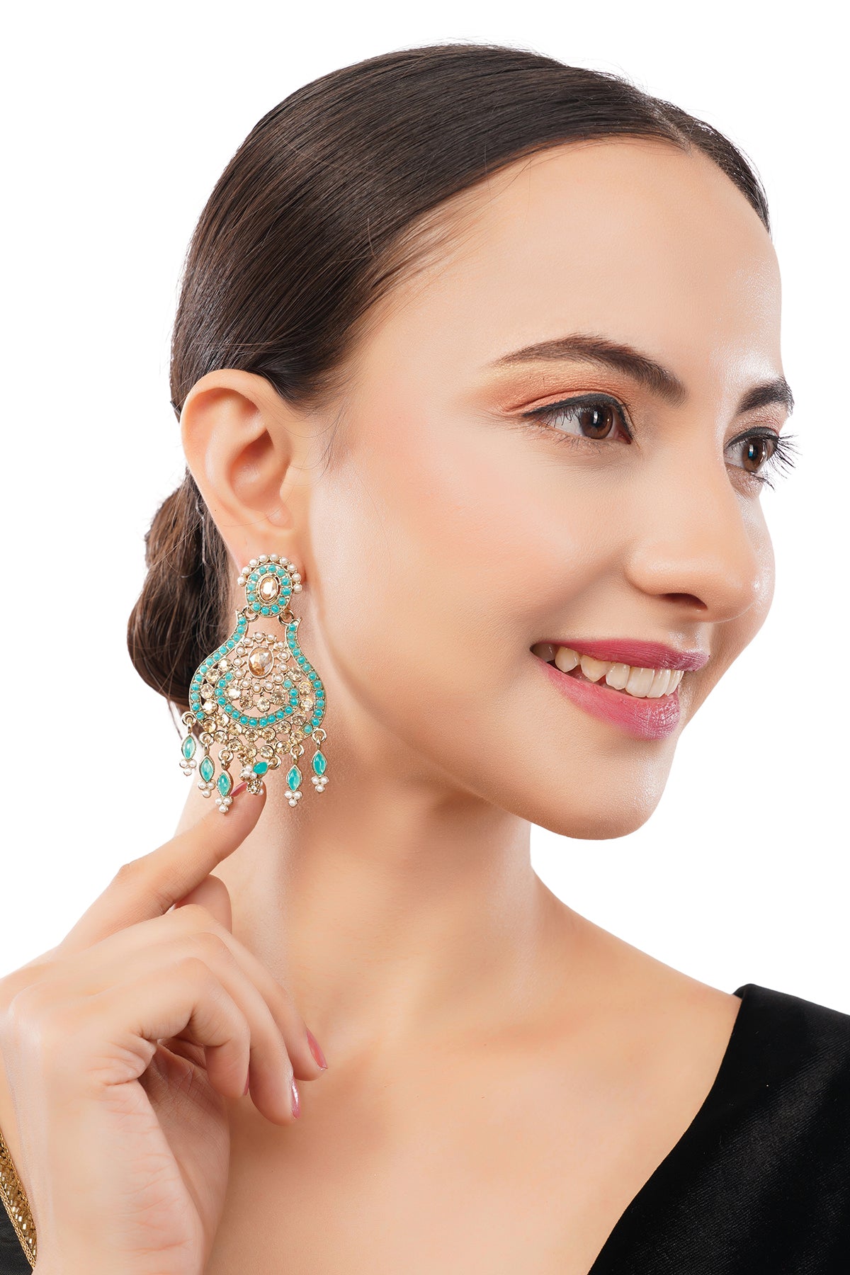Elegant Gold turquoise Blue Stone Pearl Earrings For Wedding