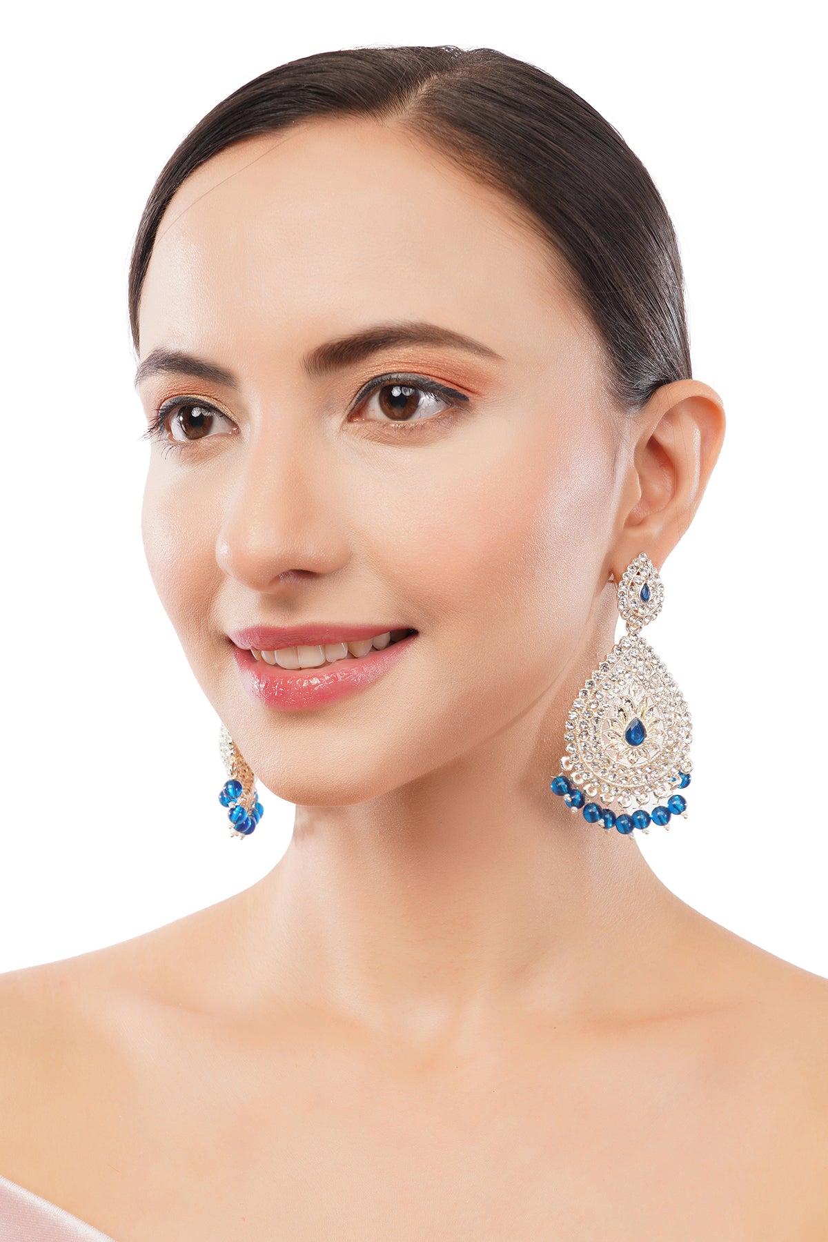 Gold Plated Blue Pearl Diamond Long Earrings For Women