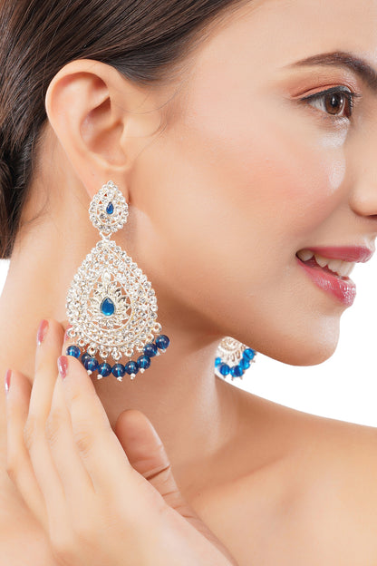 Gold Plated Blue Pearl Diamond Long Earrings For Women
