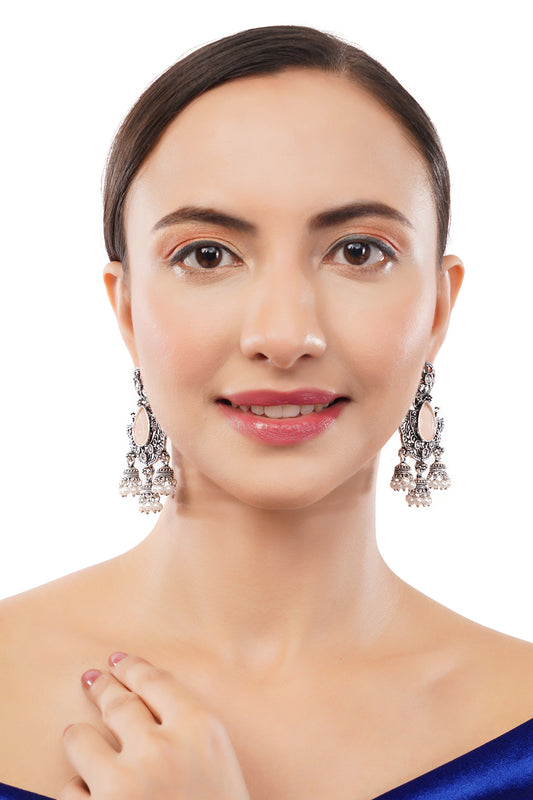 Oxidised Silver Peach Stone Jhumka Earrings