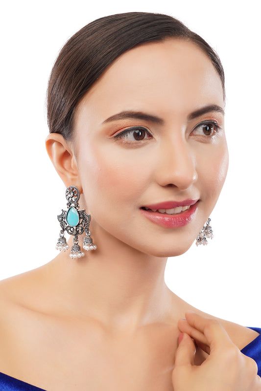 Oxidised Silver Turquoise Blue Jhumka Earrings For Women