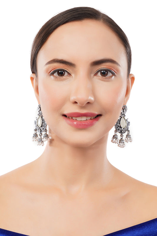 Oxidised Silver Light Green Peal Jhumka Earrings