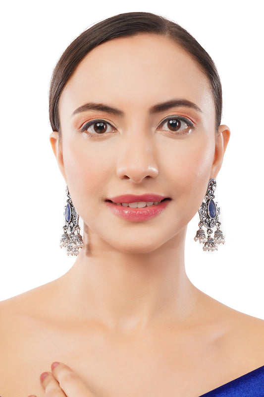Oxidised Silver Blue Stone Jhumka Earrings For Women