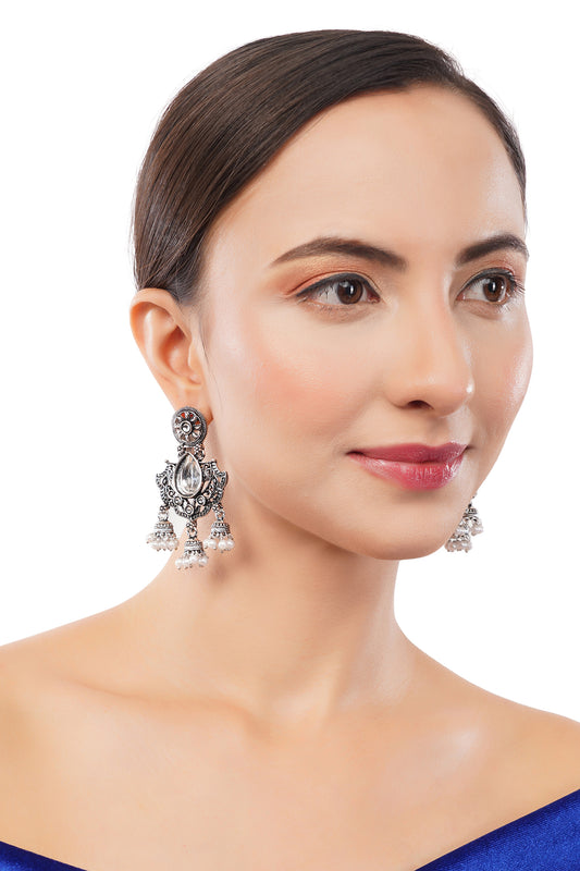 Oxidised Silver White Stone Pearl Drop Earrings