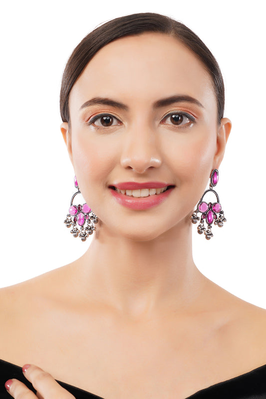 Pink Stone German Silver Drop Earring For Women