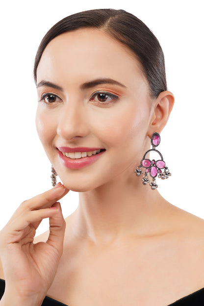 Pink Stone German Silver Drop Earring For Women