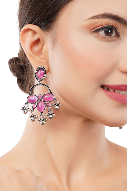 Pink Stone German Silver Drop Earring For Women