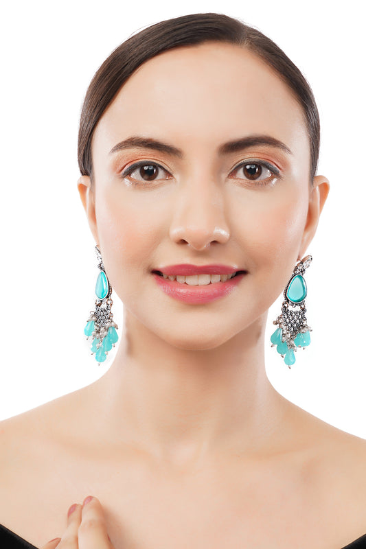 Oxidised Silver Turquoise Blue Stone Earrings For Women