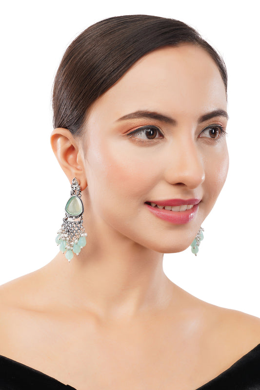 Oxidised Silver Light Green Pearl Earrings For Women