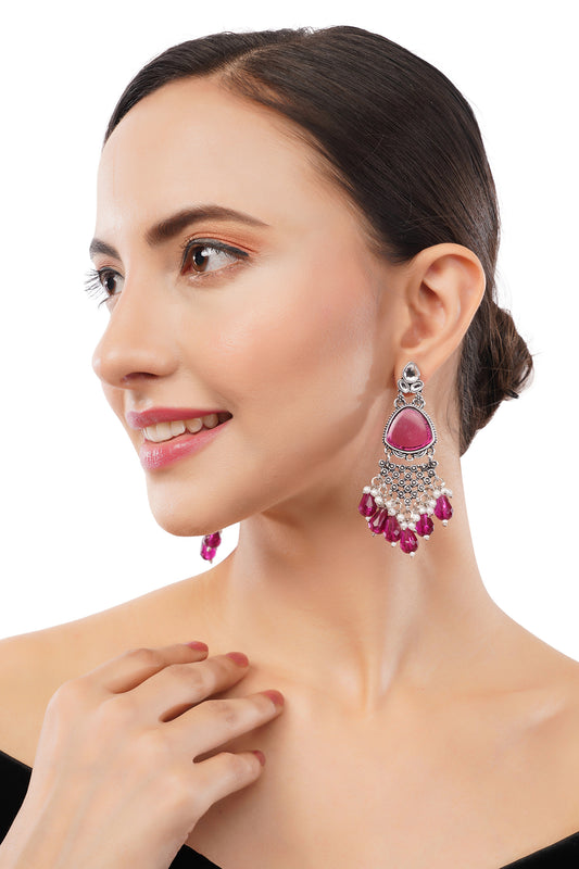 Silver Oxidise Prurple Pearl Drop Earrings For Women