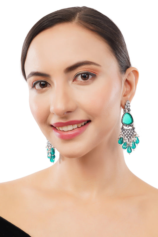 Oxidised Silver Aqua Green Pearl Earrings For Women