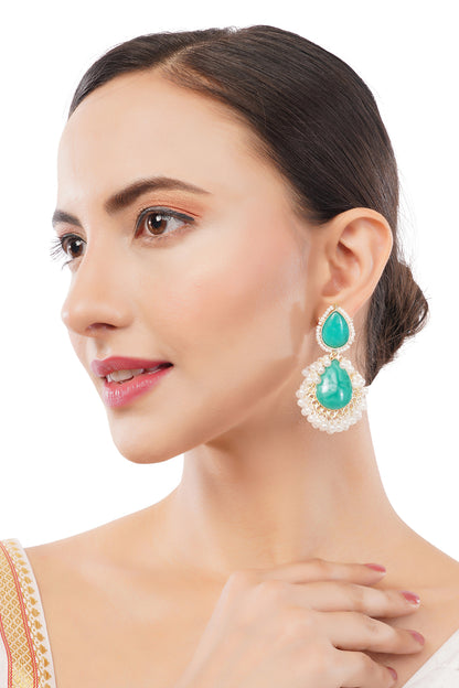 Clustertrend Gold Plated Aqua Green Embedded White Pearl Earrings