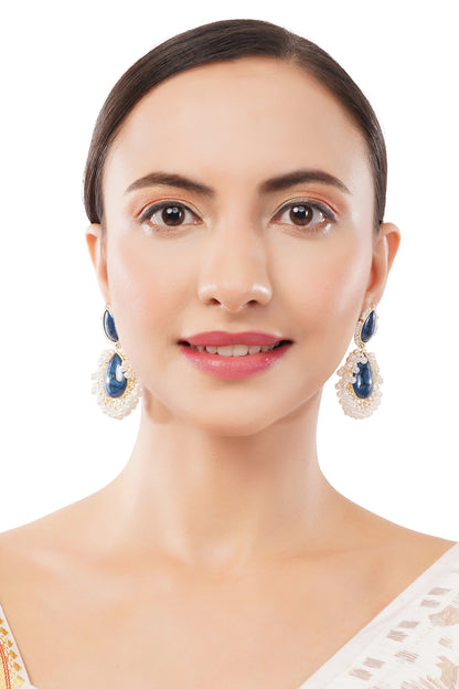 Gold Plated Crystal Blue Pearl Teardrop Earrings For Women