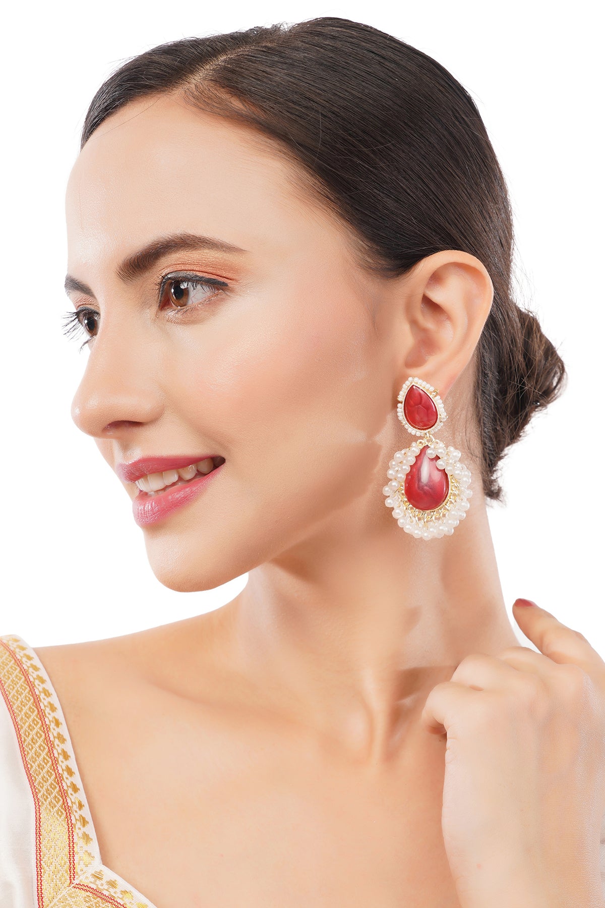 Clustertrend Red Crystal Pearl Teardrop Earrings For Women