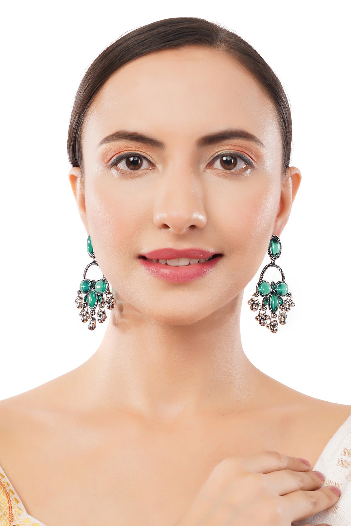 Clustertrend German Silver Crystal Aqua Green Pearl Earrings