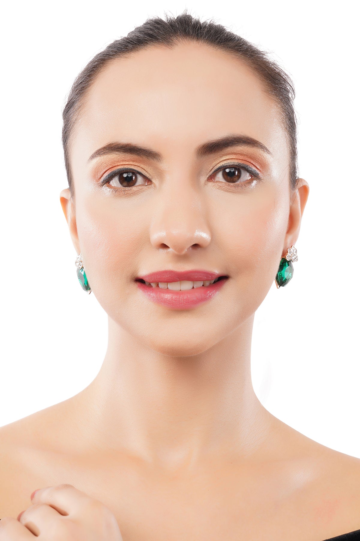 Contemporary Gold Plated Emerald Geen Diamond Stud Earrings