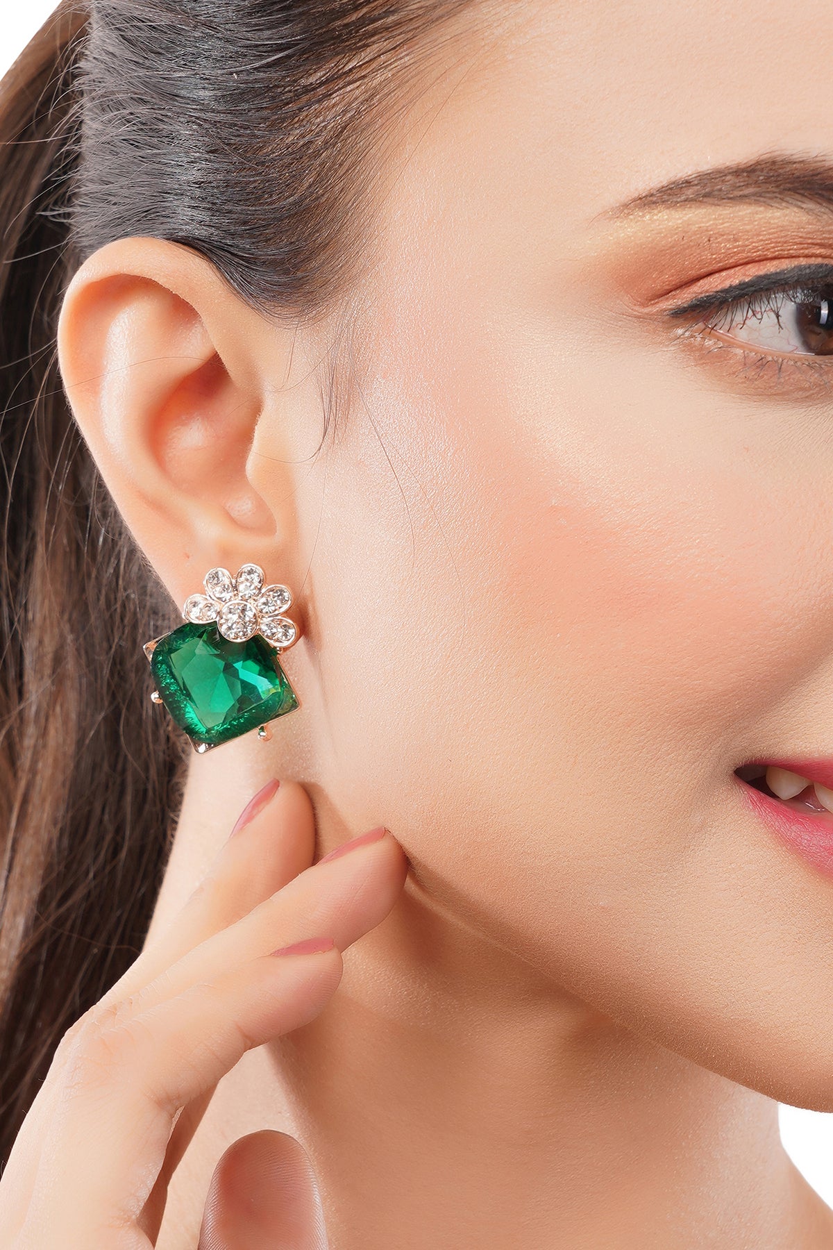 Contemporary Gold Plated Emerald Geen Diamond Stud Earrings