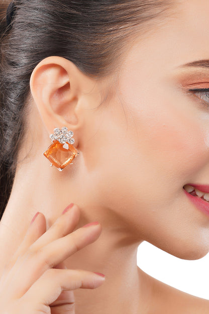 Gold Plated Crystal Peach Stone Diamond Earrings