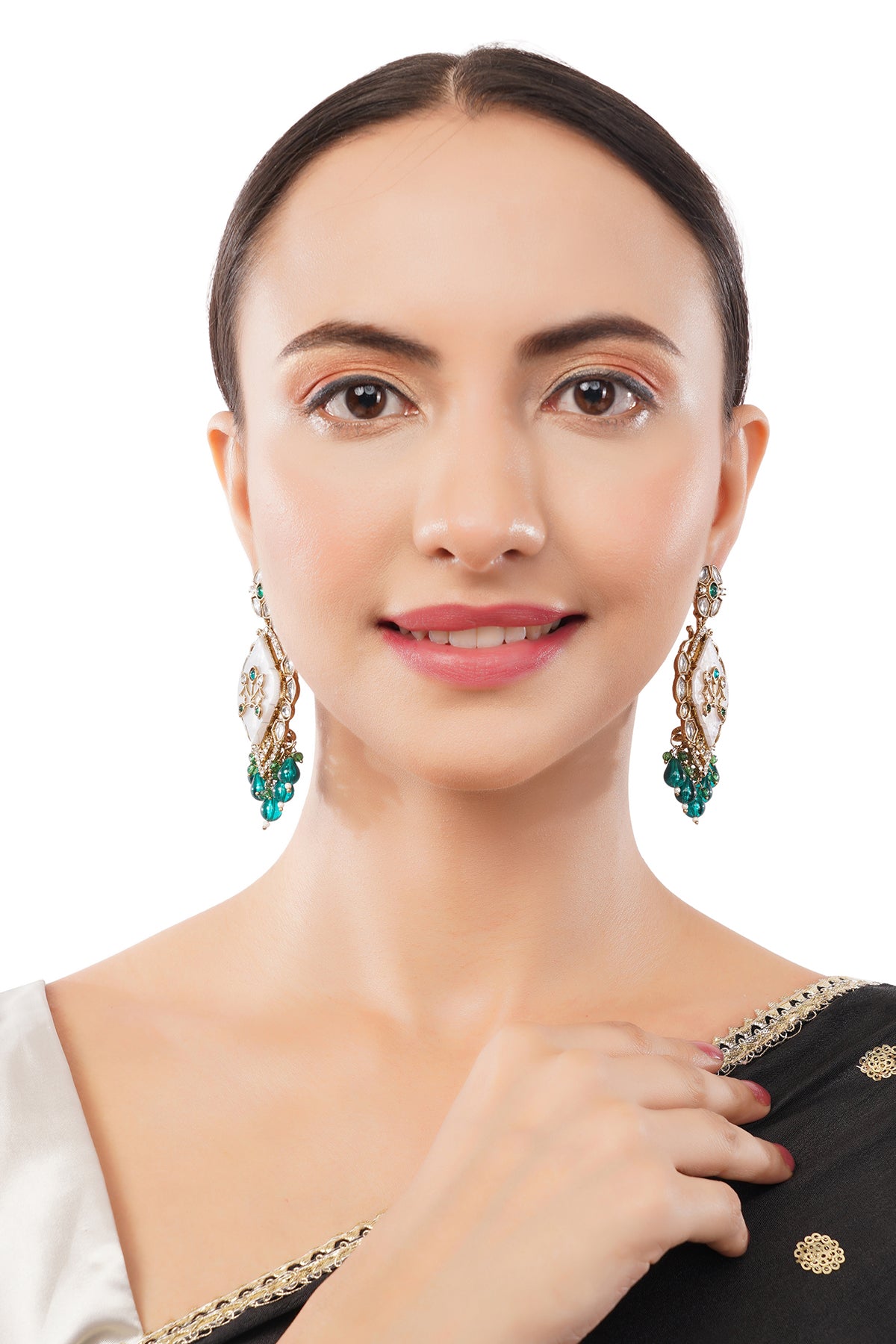 Gold Plated MOP Kundan Emerald Green Earrings For Weddings