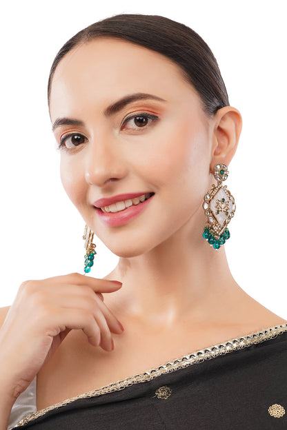 Gold Plated MOP Kundan Emerald Green Earrings For Weddings