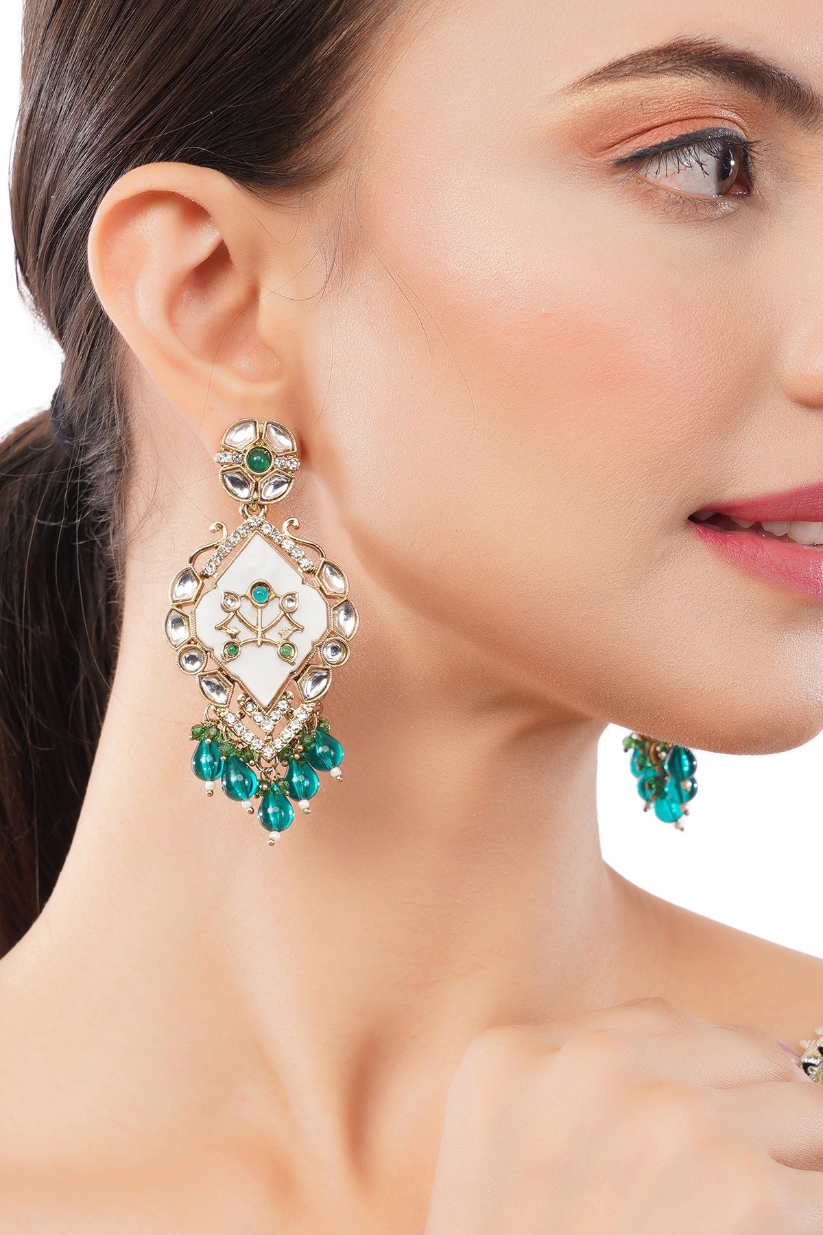 Gold Plated MOP Kundan Emerald Green Earrings For Weddings