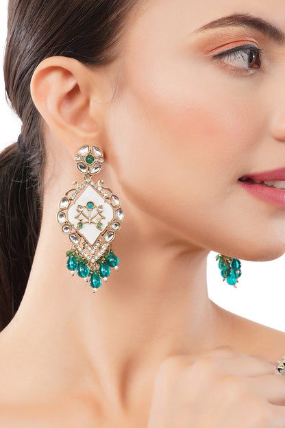 Gold Plated MOP Kundan Emerald Green Earrings For Weddings