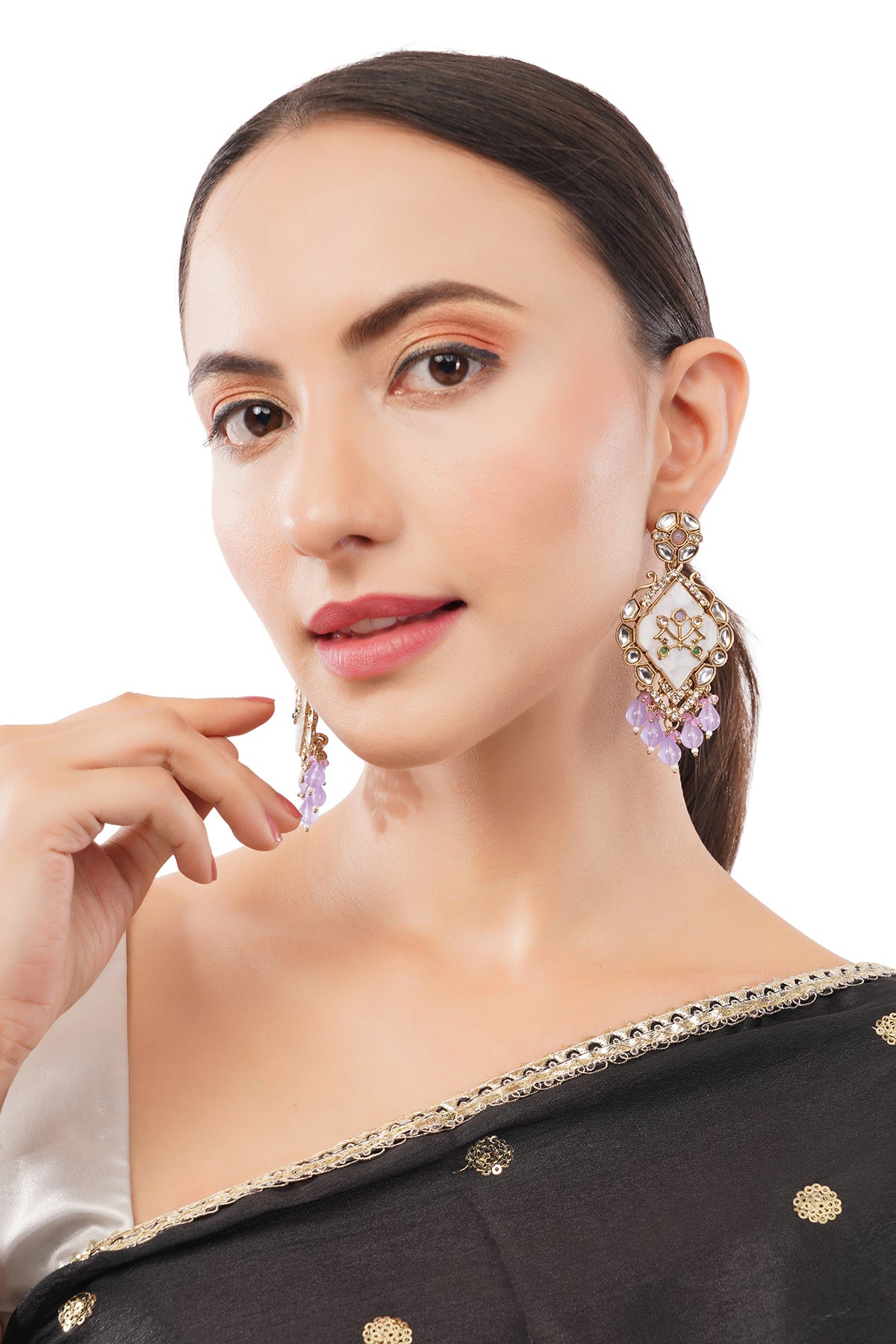Ethnic Gold Light Purple MOP Kundan Earrings