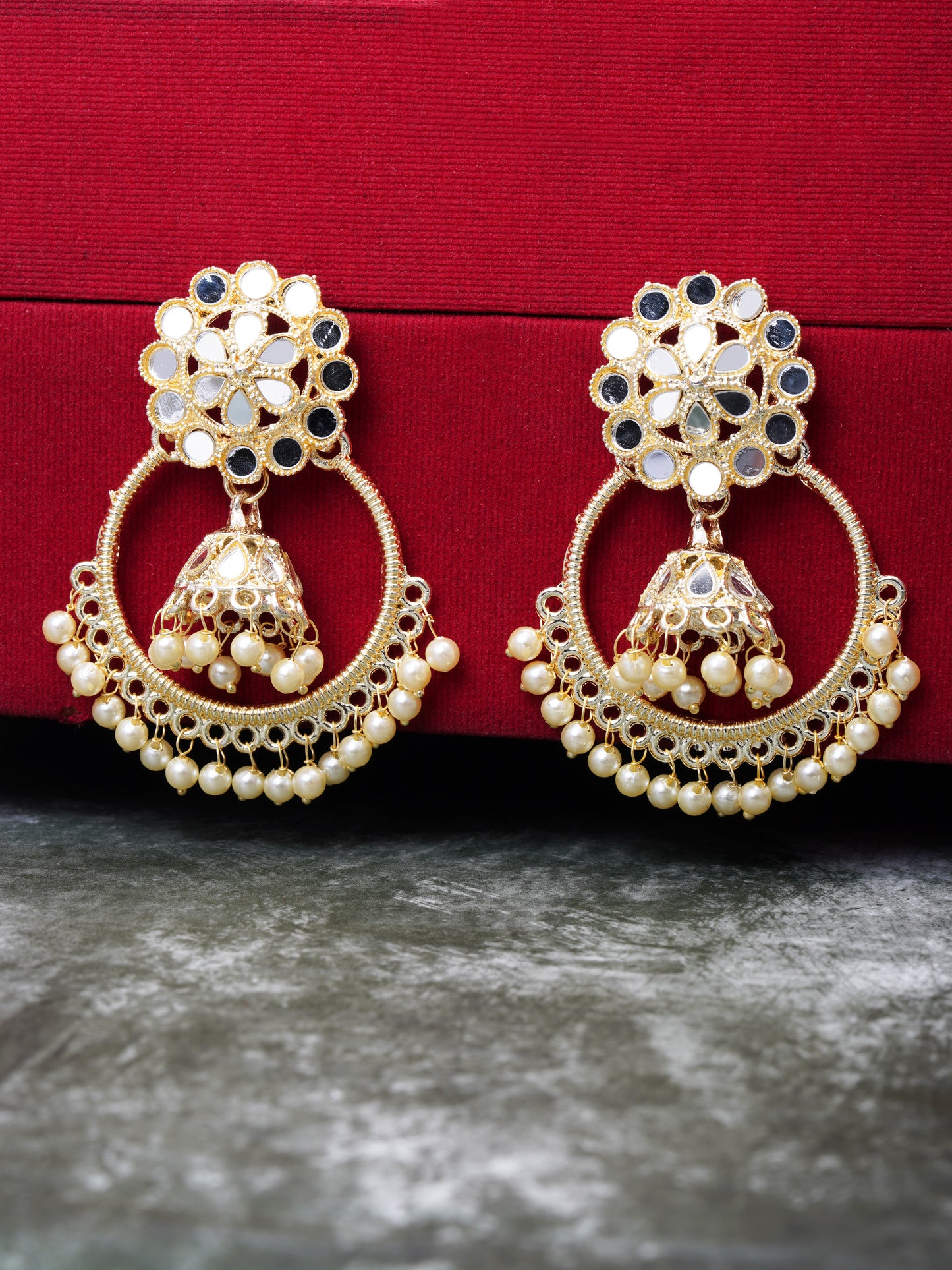 gold mirror chandbali jhumka red background