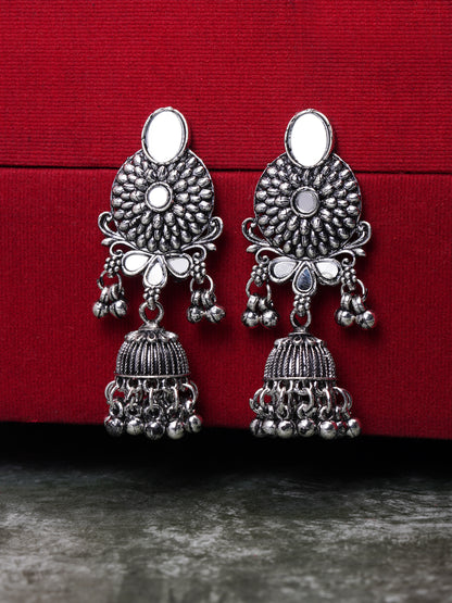 oxidised flower jhumka earring red background