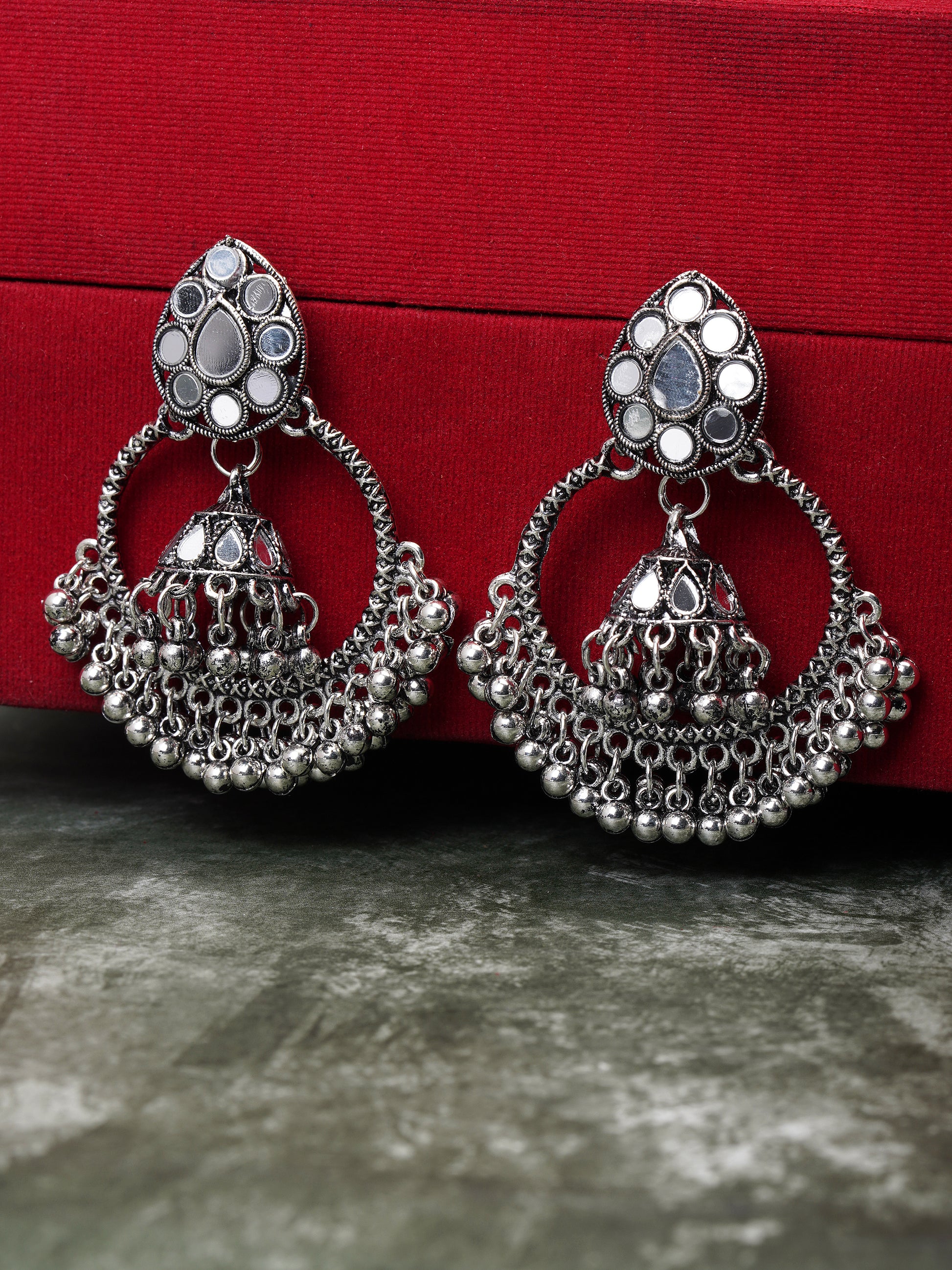 oxidised mirror work jhumka red background