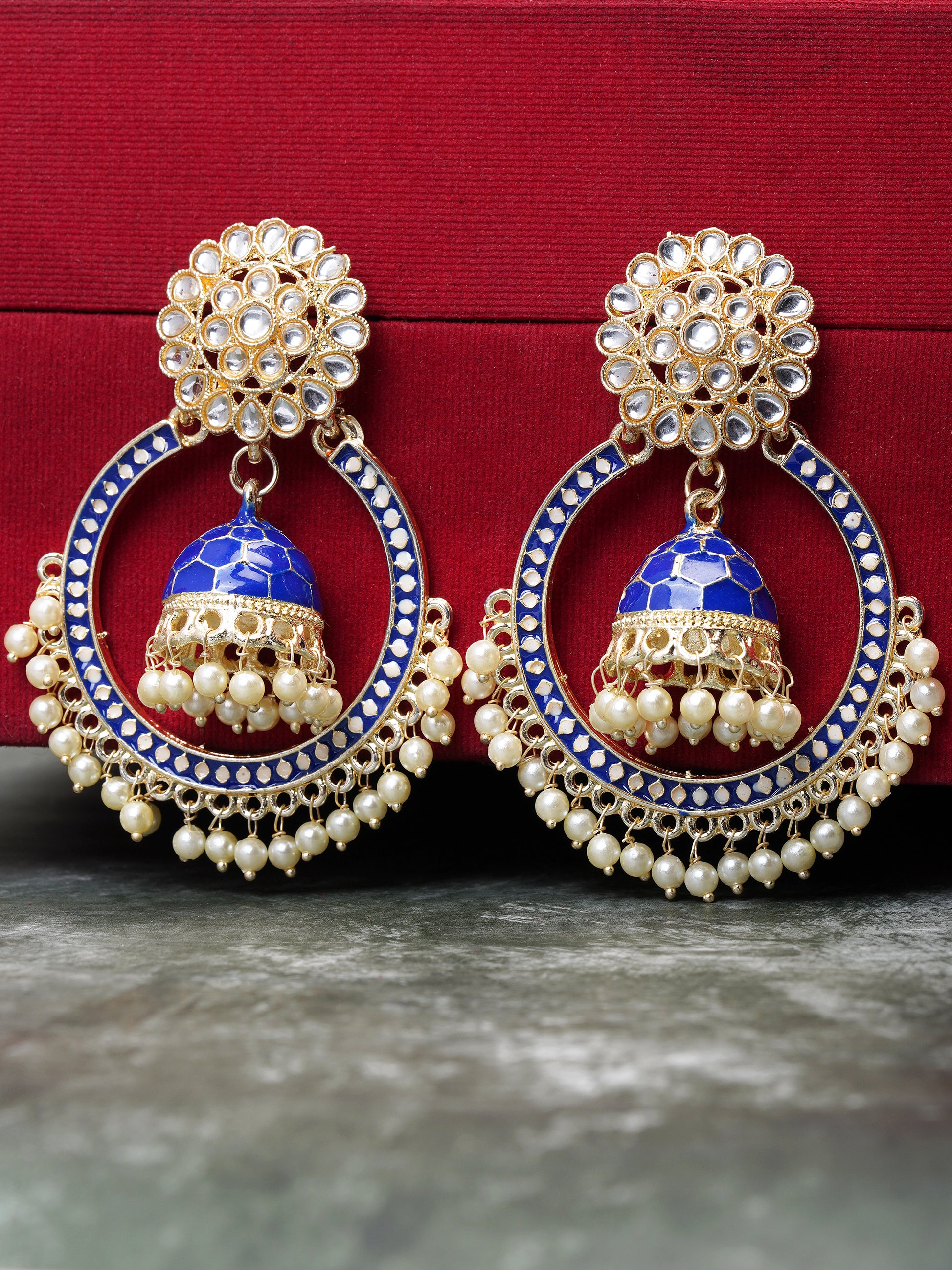 minakari blue jhumki earrings for women red background