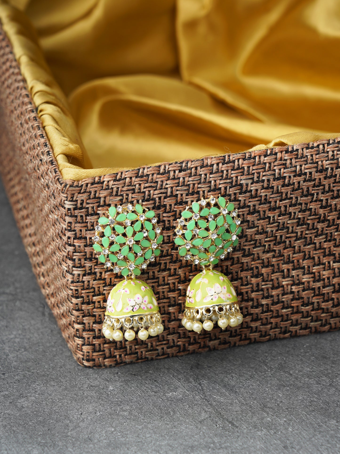 Elegant Gold Plated Stone studded Green Minakari Pearl Jhumki